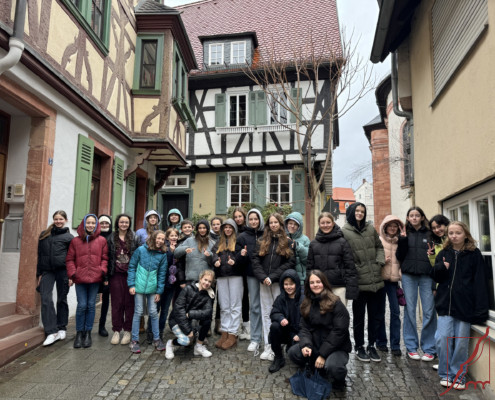 Die Klasse 7e entdeckte das mittelalterliche Aschaffenburg. Im Hintergrund die Metzgergasse, die an das alte Handwerk in der Stadt erinnert.